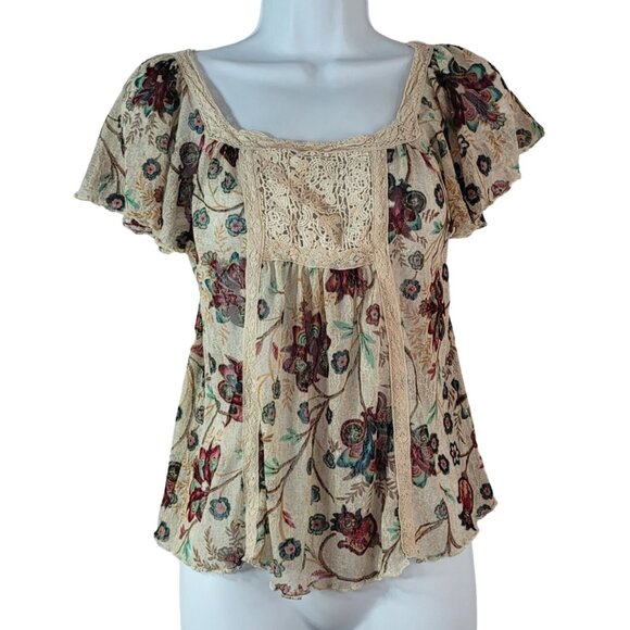 Ralph Lauren Denim & Supply Boho Floral Top XS Lace Trim Flutter Sleeves Scoop - Picture 6 of 7